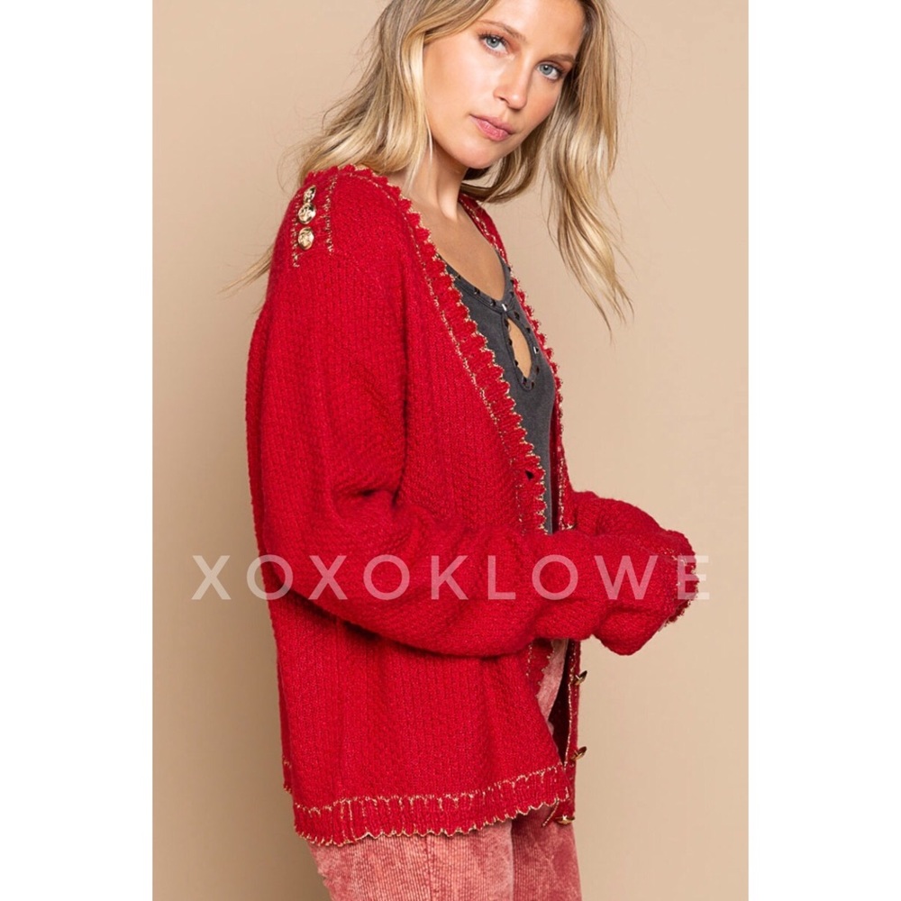 POL Red Button Front Cardigan with Sparkly Gold Trim - Picture 6 of 15